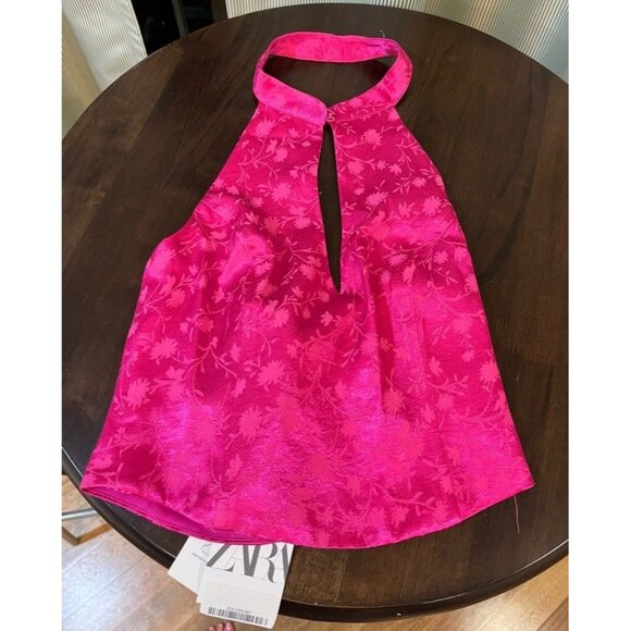 Zara Pink Floral Jacquard Halter Top With Keyhole Neckline Women's Sleeveless L - Picture 4 of 8